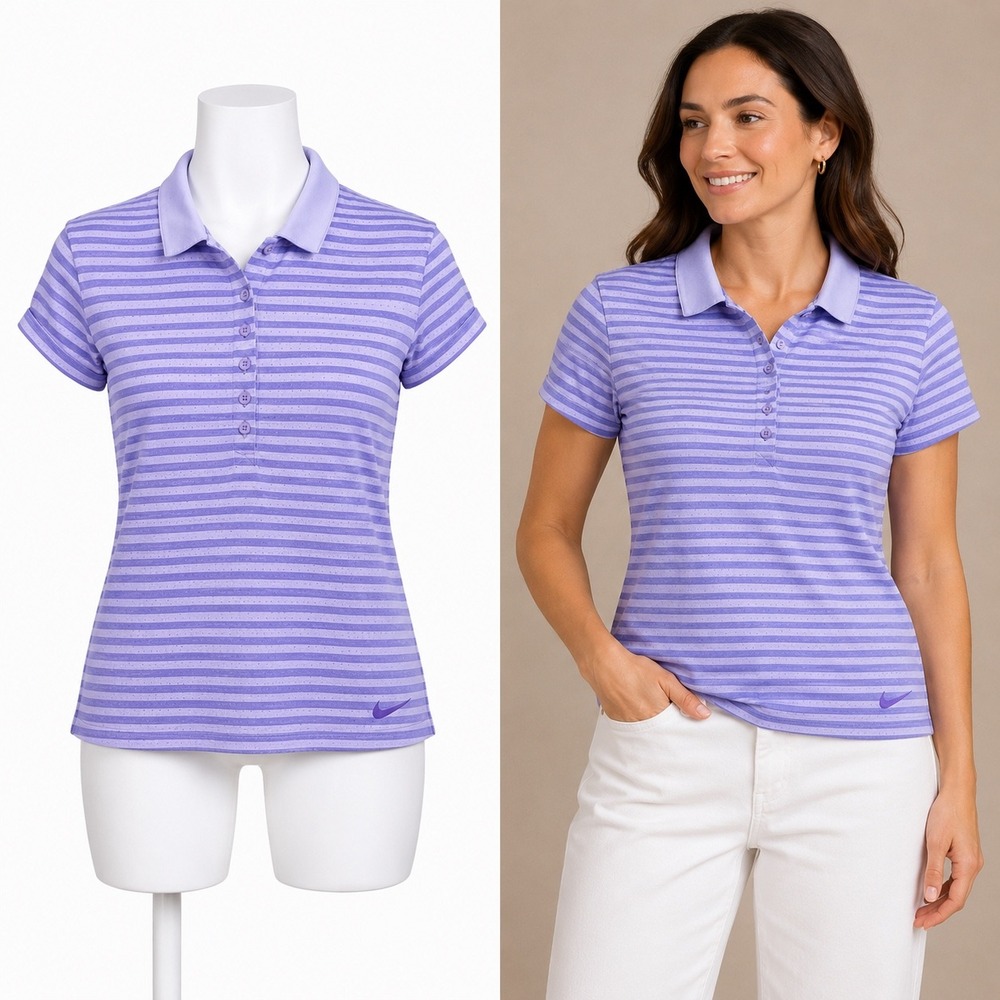 Nike Golf Polo Shirt Women Small Purple Striped Dri Fit Sport Performance Casual